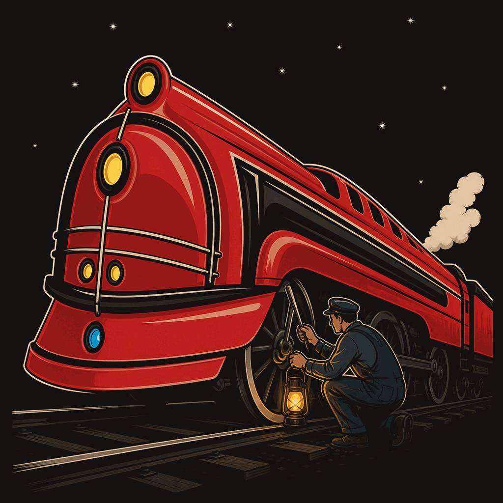 A wheel-tapper with a lantern and hammer crouched at the driving wheel of a red streamlined locomotive.
