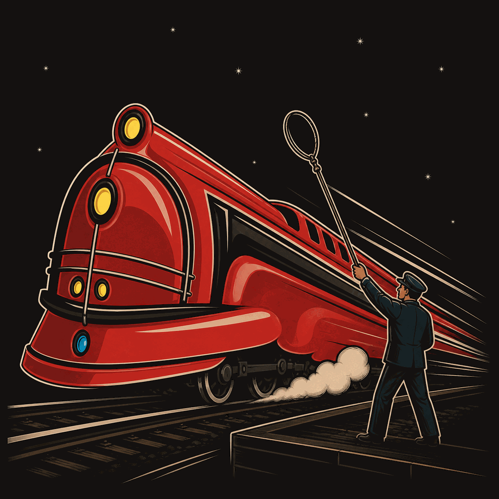 A dispatcher holding up a train-order hoop to a passing red streamlined locomotive at night.
