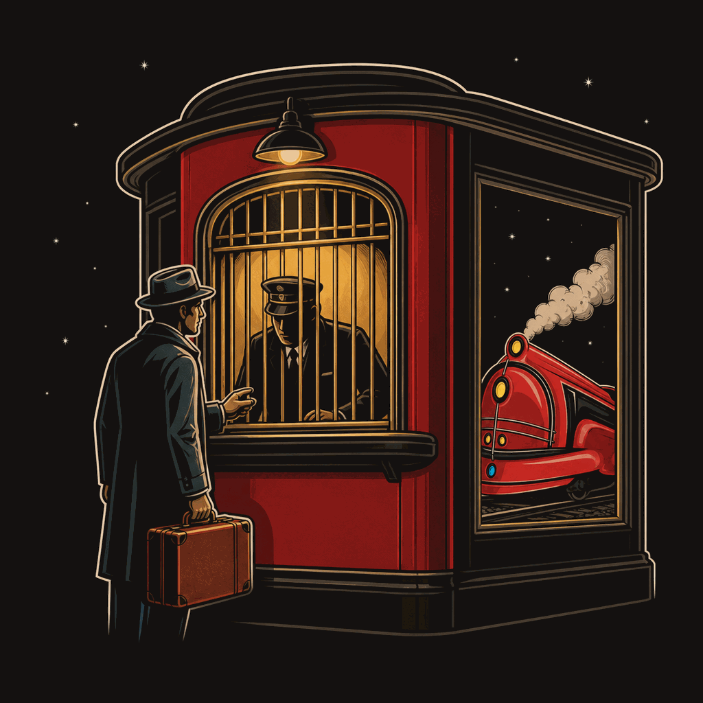 A traveller asking a question at a lamplit station ticket window at night.