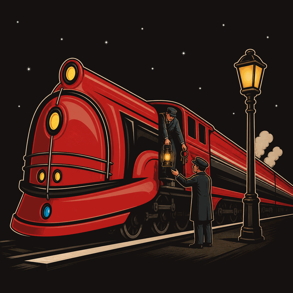 An engineer handing a lantern and keys down from a locomotive cab to another person on the platform.