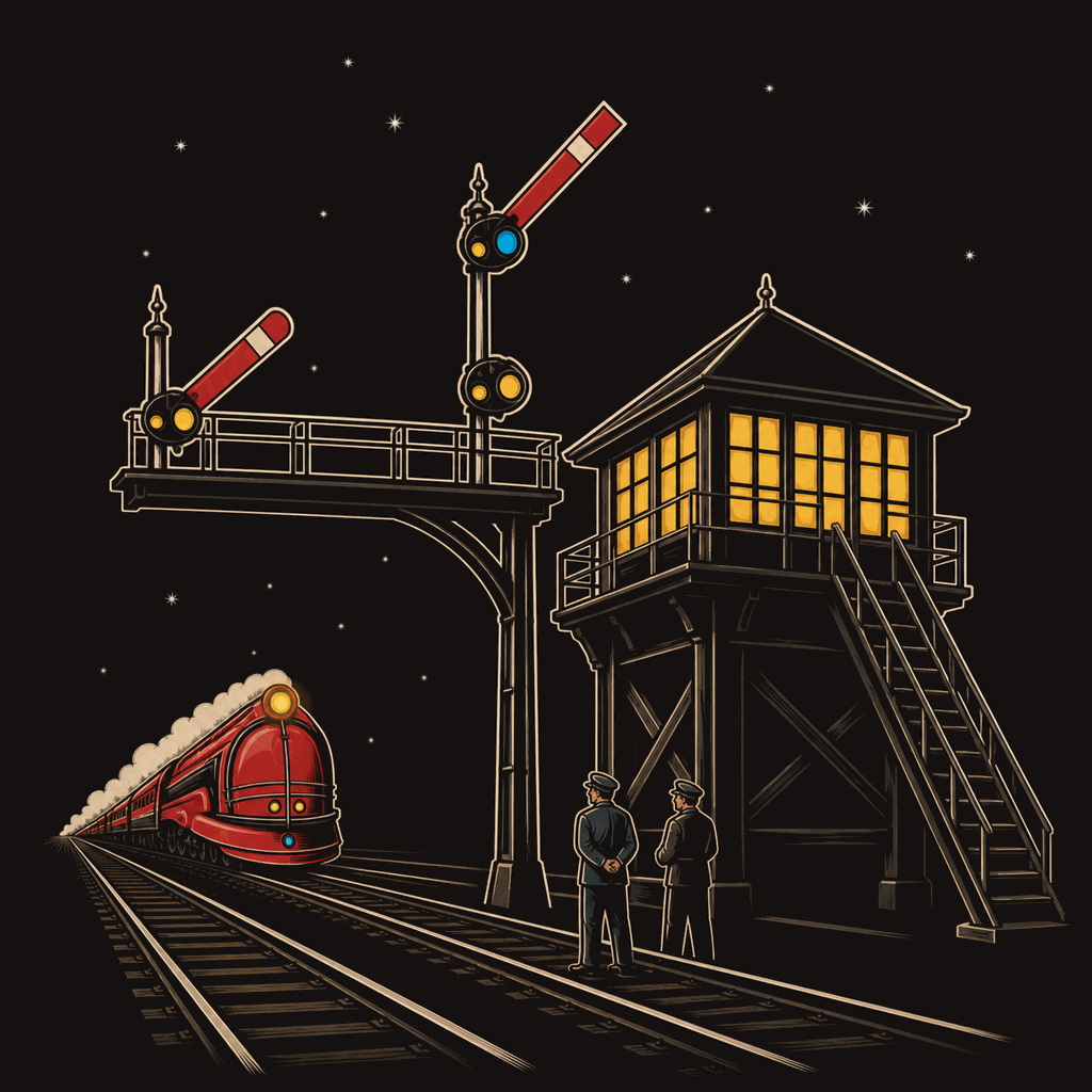 A signal box and cleared semaphore signal at night with a red streamlined locomotive approaching down the line.