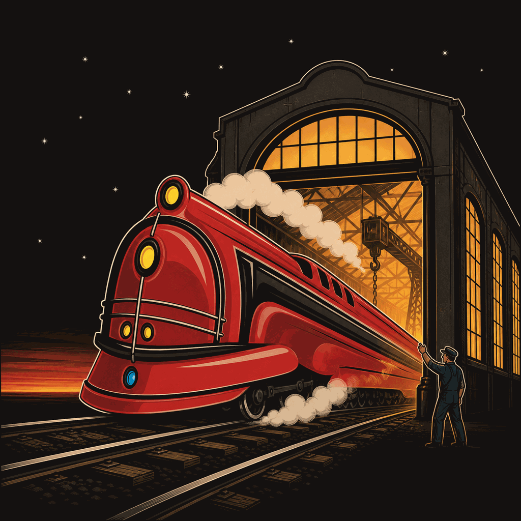 A brand-new red streamlined locomotive rolling out of the arched door of a locomotive works at dawn.