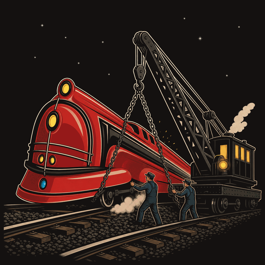 A railway breakdown crane lifting a derailed red streamlined locomotive back onto the track at night.