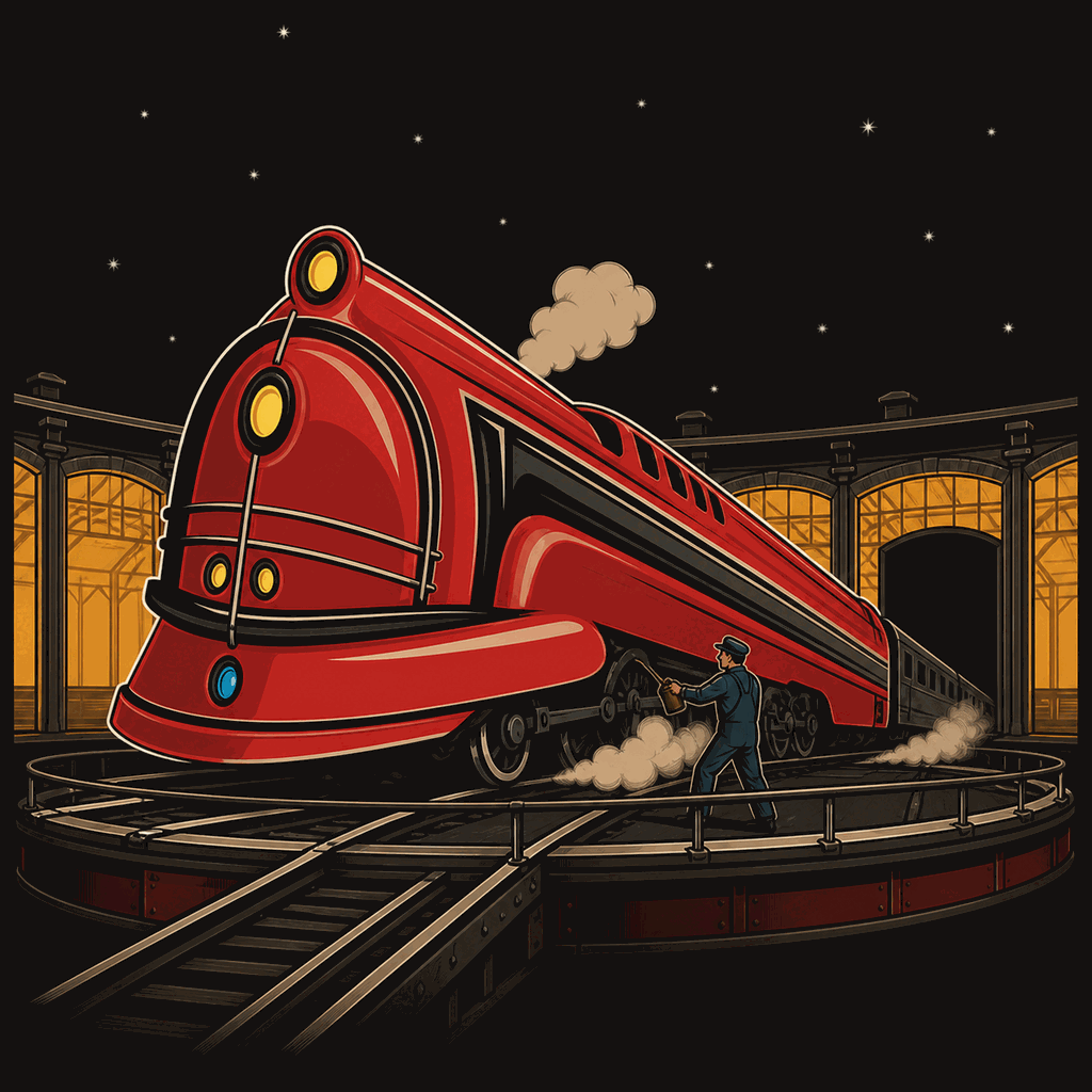 A red streamlined locomotive on a turntable in front of a lit roundhouse at night.