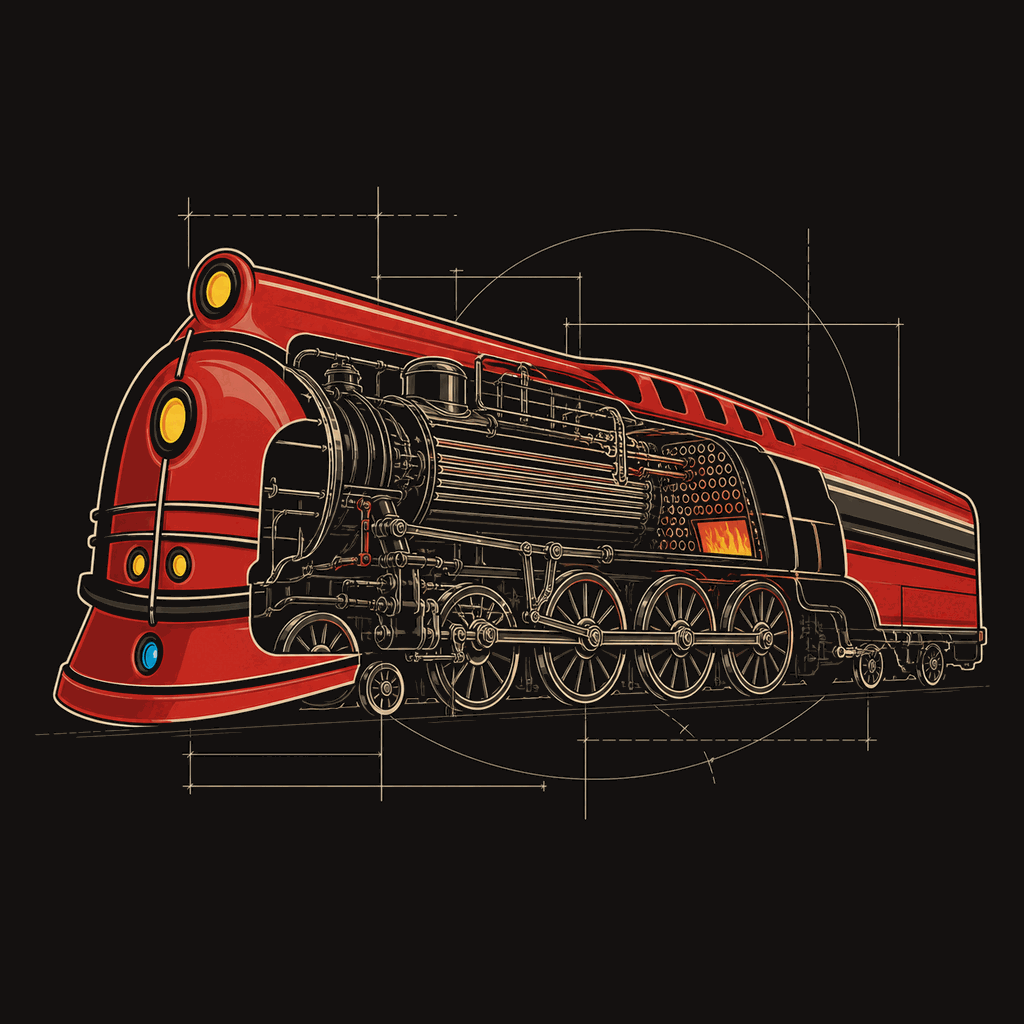 Cutaway technical drawing of a red streamlined locomotive in cream and red lines on black.