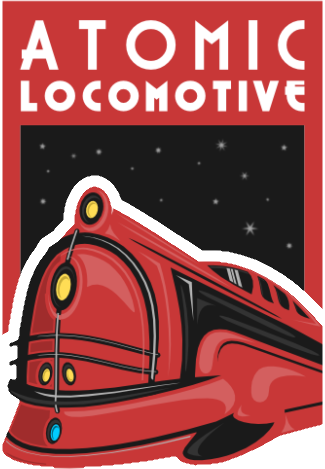 Atomic Locomotive poster: a red streamlined locomotive under a starry sky